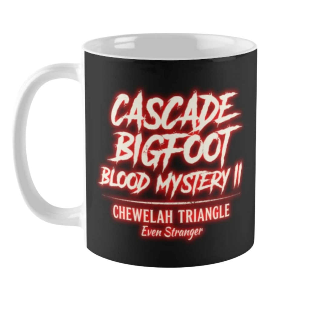Black coffee mug featuring Cascade Bigfoot Blood Mystery II Chewelah Triangle design with red distressed text