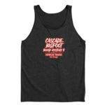 Dark gray tri-blend tank top showing Cascade Bigfoot Blood Mystery II Chewelah Triangle horror design