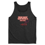 Dark gray tank top displaying Cascade Bigfoot Blood Mystery III Remote Viewed Sasquatch chilling design
