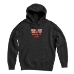 Dark gray pullover hoodie with Cascade Bigfoot Blood Mystery "What Left The Blood?" horror design in red