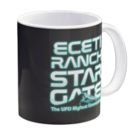 Black coffee mug with ECETI Ranch Star Gate glowing blue design "The UFO Bigfoot Connection"