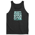 Dark gray tank top with ECETI Ranch Star Gate glowing cyan design "The UFO Bigfoot Connection"