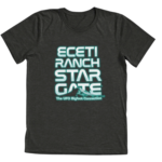 Dark gray tri-blend t-shirt featuring ECETI Ranch Star Gate futuristic cyan text with mountain graphic