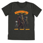 Encounters USA Cryptid Crew featuring Grey Alien, Bigfoot and Dogman on dark heather triblend t-shirt