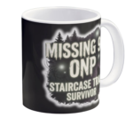 Black coffee mug with Missing 911 ONP Staircase Trail Survivor glowing dark forest and Bigfoot silhouette