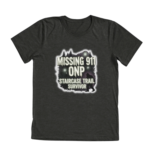 Dark gray tri-blend t-shirt with Missing 911 ONP Staircase Trail Survivor design featuring glowing forest and Bigfoot silhouette