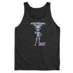 We're Watching You Dude funny grey alien pointing design on dark heather tank top - official Encounters USA merch