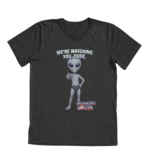 We're Watching You Dude funny grey alien pointing design on dark heather triblend t-shirt - official Encounters USA merch