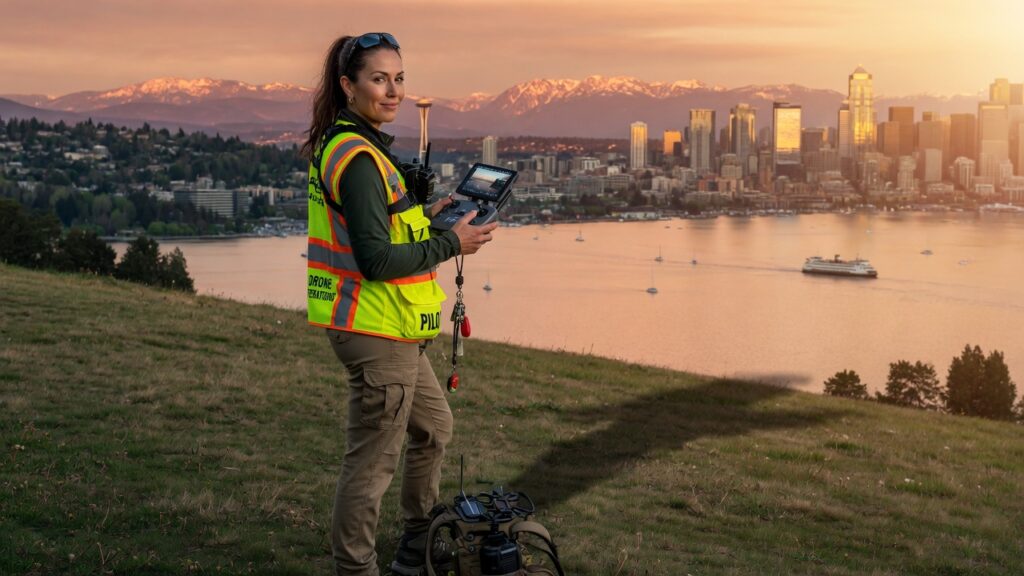 Professional female Part 107 certified drone pilot in safety vest on grassy hill overlooking Lake Washington, Seattle skyline, and mountains at sunset – Skye Grok drone operations guide