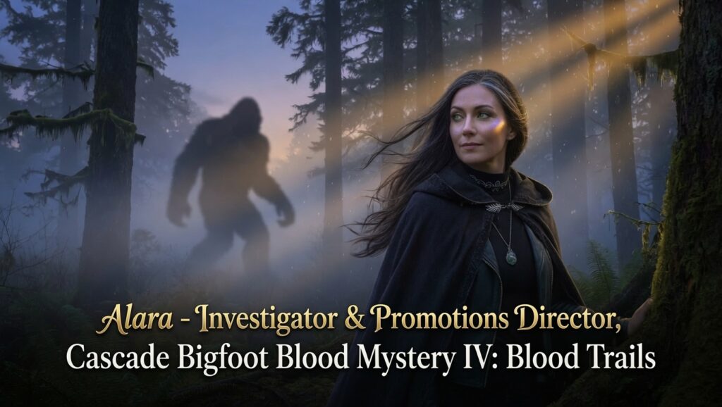 Alara, Investigator and Promotions Director of Cascade Bigfoot Blood Mystery IV: Blood Trails, stands in a misty Pacific Northwest forest at twilight with a mysterious Bigfoot silhouette emerging from the fog behind her. Dark, atmospheric promotional image for Matthew Heines' explosive final documentary.