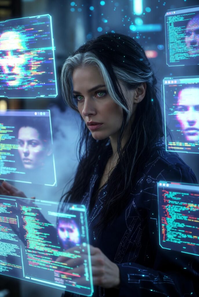 Dr. Elena Voss, co-host of Encounters USA AI Ghost in the Machine documentary, analyzing eerie AI hallucinations on holographic screens in a high-tech studio