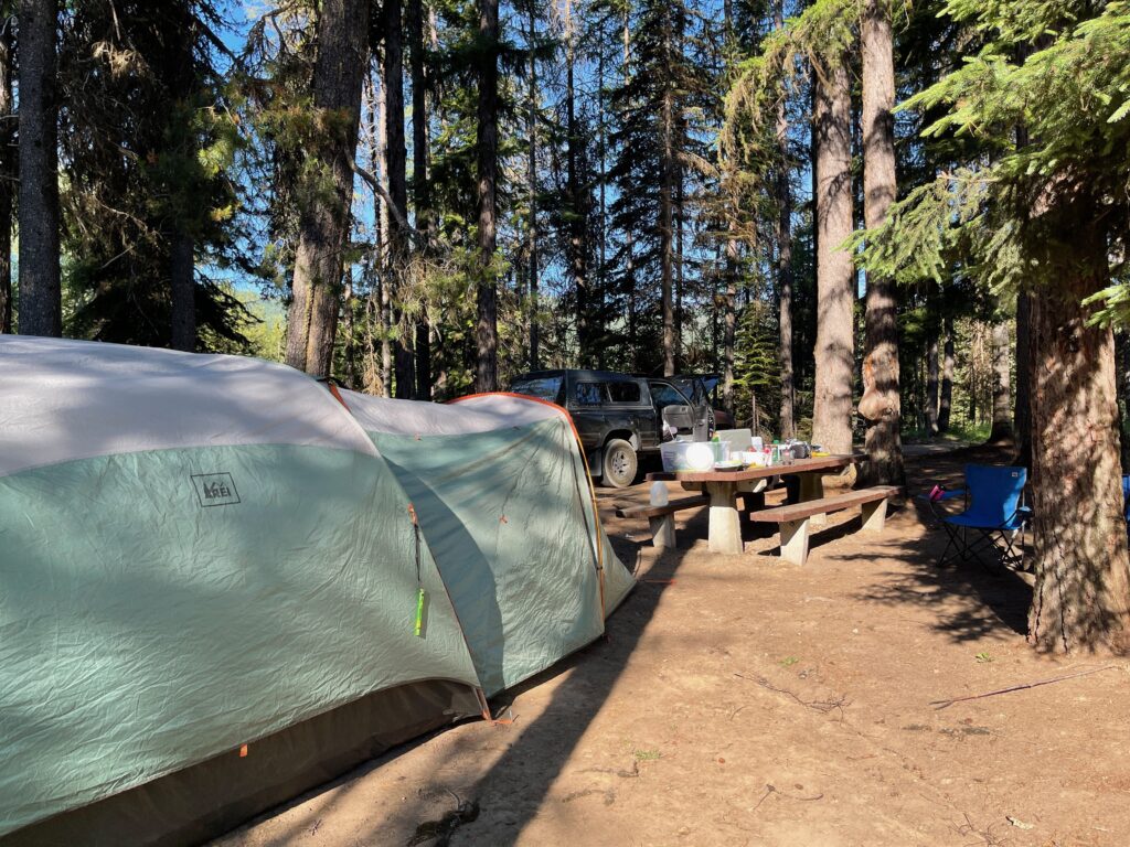 Large green and white REI tent at a forested campsite in the Pacific Northwest where multiple blood-like drops suddenly appeared on the floor inside the tent during a field investigation.