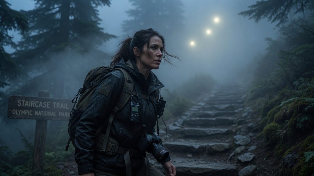 Investigator Valerie Kane hiking the foggy Staircase Trail in Olympic National Park during on-location research for the Missing 911 documentary, with trail sign and mysterious orbs visible Caption: On location at the Staircase Trail – Investigator Valerie Kane documents the Gilbert Gilman case.