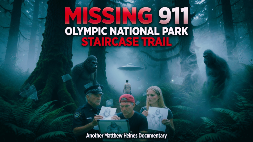Movie poster for Missing 911 documentary showing three remote viewers (police officer, man in red cap, and woman) projecting psychic visions of the Staircase Trail scene with Bigfoot creatures, glowing orbs, UFO, and lone hiker in foggy Olympic National Park rainforest