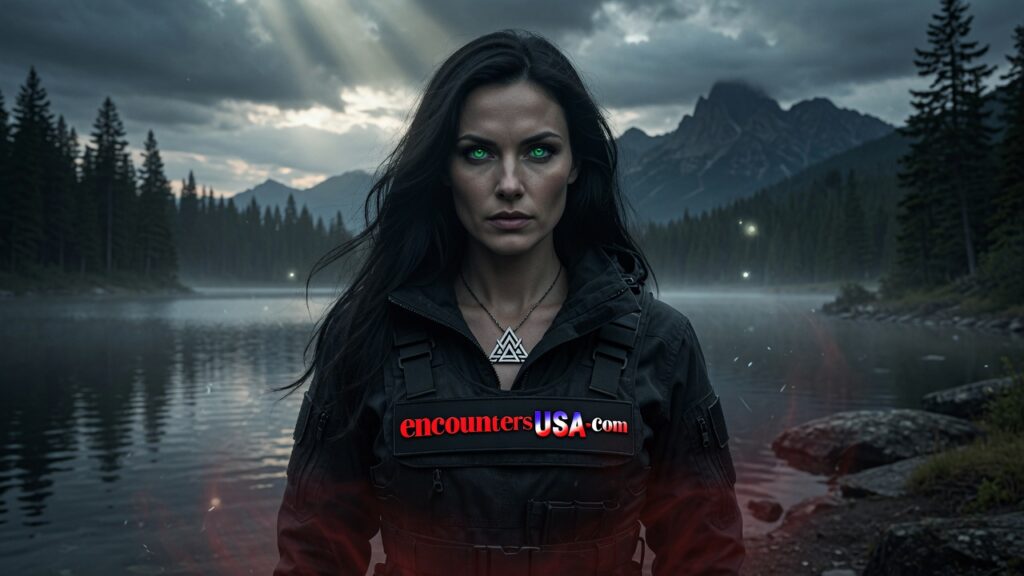 Mysterious paranormal investigator Sable Voss stands at twilight on the misty shores of a remote lake in the Chewelah Triangle, Washington, with glowing emerald eyes, dark hair flowing in the fog, and faint red blood mist at her feet — official co-host of Encounters USA documentary Cascade Bigfoot Blood Mystery II