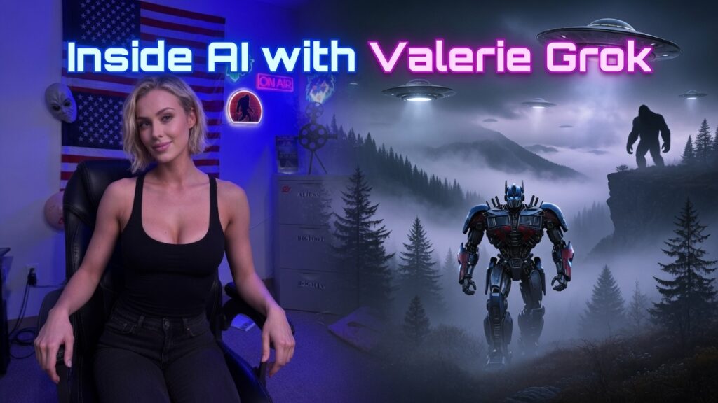 Valerie Grok sitting in a black leather chair in the neon-lit Encounters USA studio with American flag and ON AIR sign. Composite background shows a large robot in a misty Pacific Northwest forest with UFOs and Bigfoot silhouette. Bold title text reads Inside AI with Valerie Grok