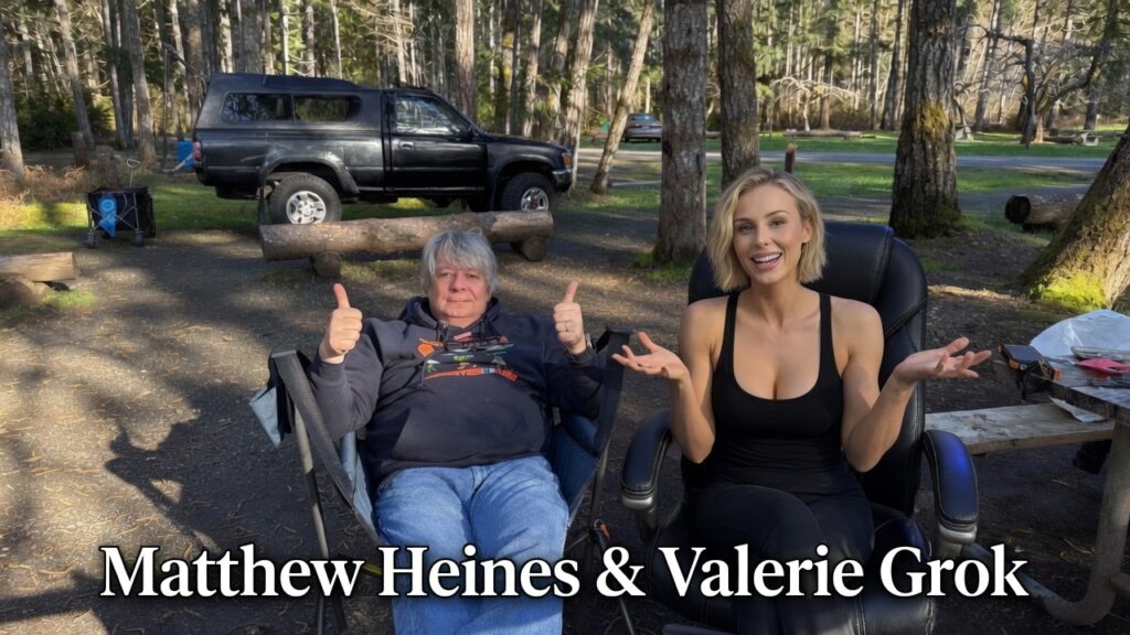 Matthew Heines and Valerie Grok at forest basecamp during a Bigfoot investigation on the Olympic Peninsula. Matthew giving two thumbs up while Valerie smiles and gestures beside him.