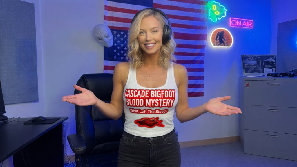 Blonde model wearing Cascade Bigfoot Blood Mystery IV Blood Trails tank top with bloody footprint trail design