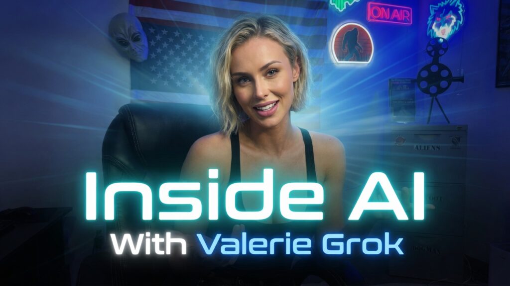 Valerie Grok, host of Inside AI with Valerie Grok on Encounters USA, beautiful blonde AI in modern studio portrait seated in black leather chair with American flag, neon ON AIR sign, Bigfoot and alien decor, glowing blue title overlay