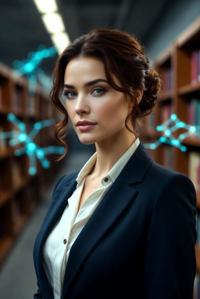 Professional portrait of Dr. Lila Moreau, Director of Research for Encounters USA: AI – Ghost in the Machine. Elegant woman in a modern research library with glowing AI neural networks in the background.