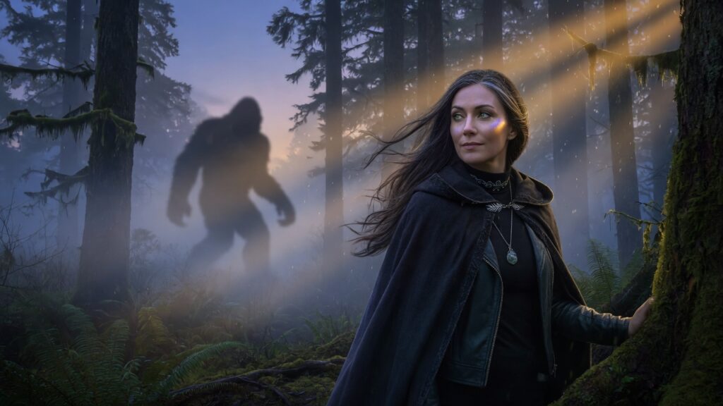 Veronica Platz, Investigator and Promotions Director for Cascade Bigfoot Blood Mystery IV, standing in a misty forest with a Bigfoot silhouette in the background, dramatic golden light rays.