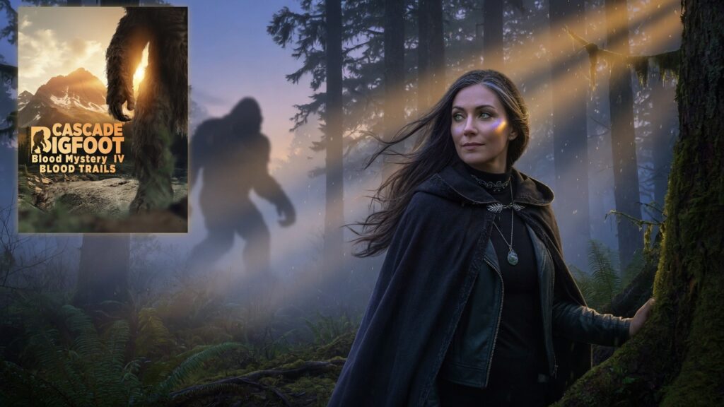 Alara in black cloak beside a tree with Bigfoot in the mist; Blood Trails IV Cascade Bigfoot poster on the left with soft golden glow.