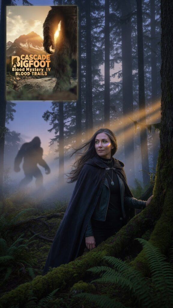 Alara in black cloak beside a tree with Bigfoot in the mist; Blood Trails IV Cascade Bigfoot poster on the left with soft golden glow vertical.
