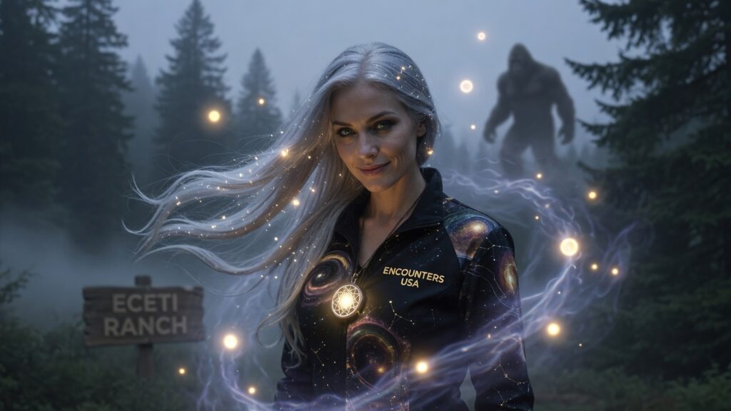 ECETI Sally, silver-haired paranormal specialist with glowing cosmic jacket, standing in a misty forest with Bigfoot in the background and floating orbs, promoting ECETI Ranch Stargate: The UFO-Bigfoot Connection.