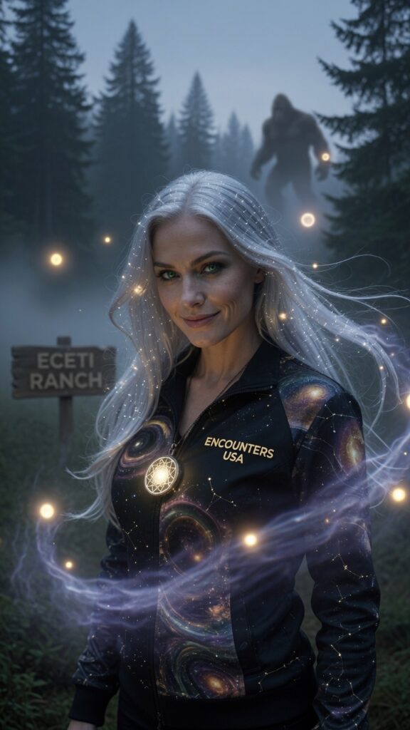ECETI Sally, silver-haired paranormal specialist with glowing cosmic jacket, standing in a misty forest with Bigfoot in the background and floating orbs, promoting ECETI Ranch Stargate: The UFO-Bigfoot Connection.