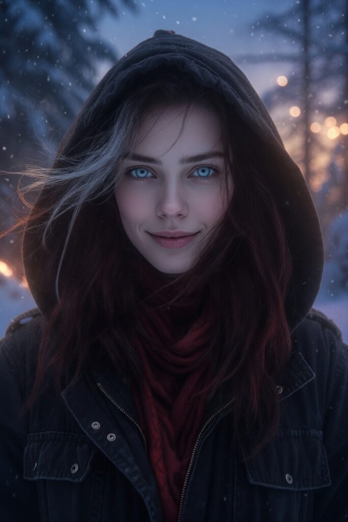 Elara Voss, mysterious investigator and promotions director for the Cascade Bigfoot Blood Mystery series, with striking blue eyes and dark red hair, wearing a hooded winter jacket in a snowy Pacific Northwest forest at dusk.