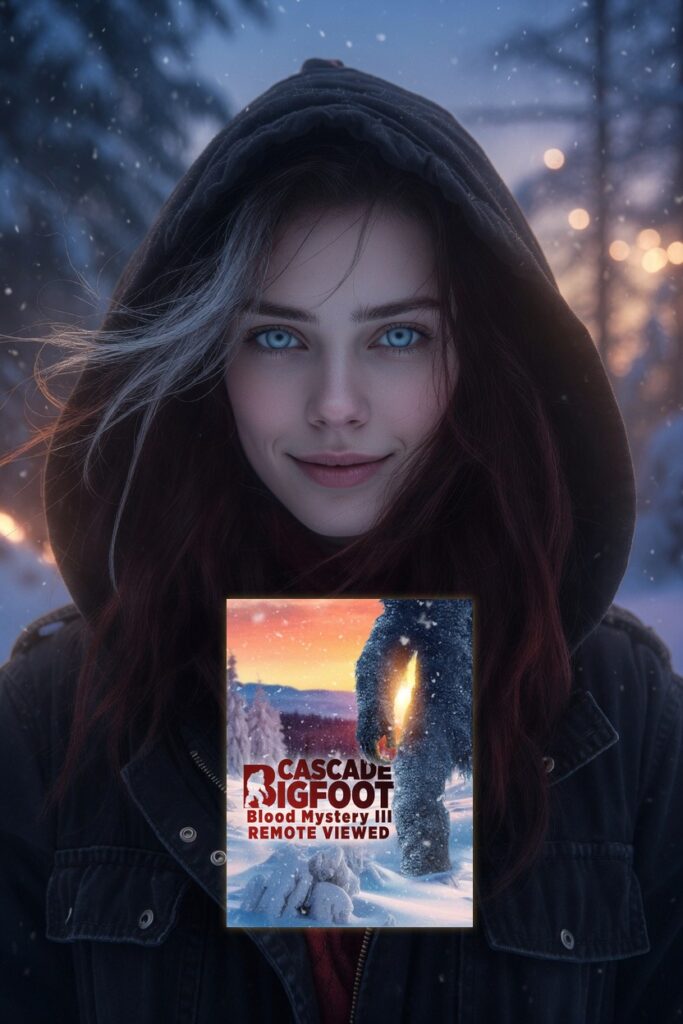 Elara Voss with red scarf in a snowy forest; Remote Viewed Cascade Bigfoot poster at upper left with soft golden glow.