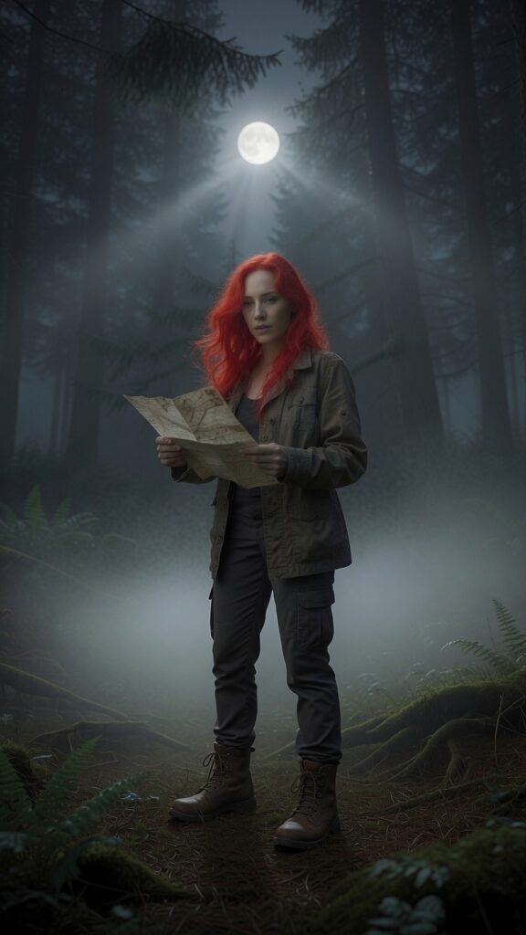 Veronica Platz portraying Alara Voss, dark-haired investigator in a black cape standing in a misty forest with a Bigfoot silhouette in the background at dusk.