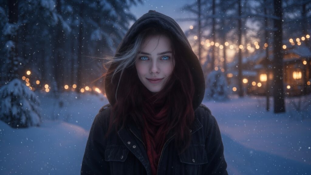 Elara Voss, mysterious investigator and promotions director for the Cascade Bigfoot Blood Mystery series, with striking blue eyes and dark red hair, wearing a hooded winter jacket in a snowy Pacific Northwest forest at dusk.