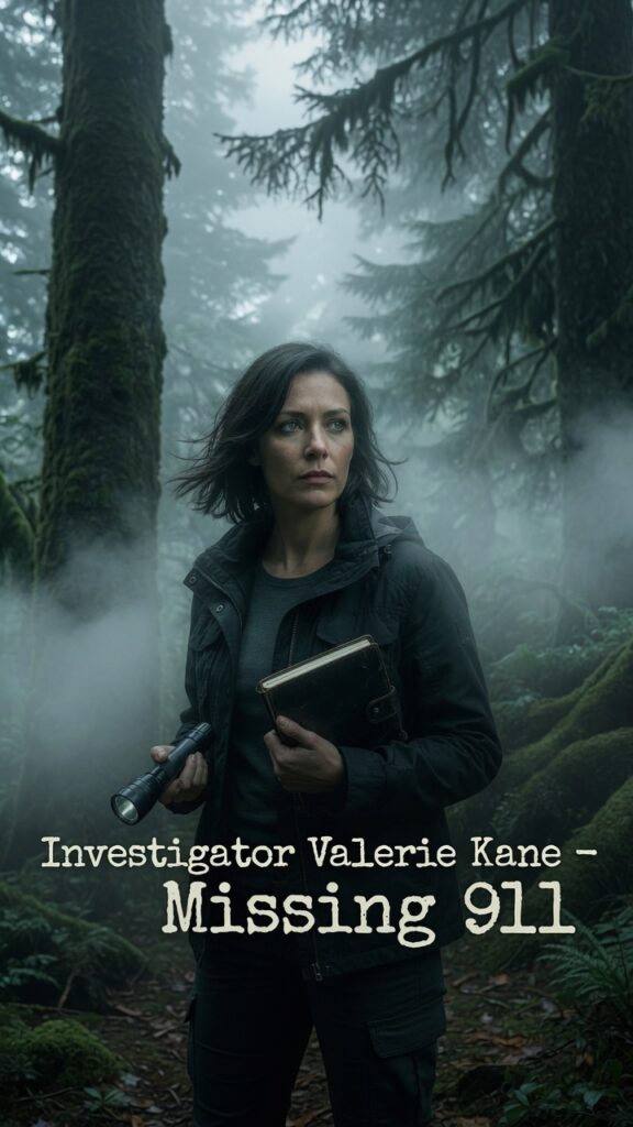 Dramatic portrait of Investigator Valerie Kane holding flashlight and notebook in foggy Olympic National Park forest while investigating the Gilbert Gilman disappearance for Missing 911