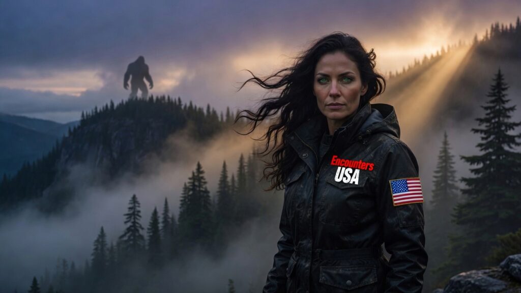 Sable Voss, bold investigator for Cascade Bigfoot Blood Mystery, standing on misty Trott’s Ridge in the Chewelah Triangle with a Bigfoot silhouette on the distant hill at twilight.