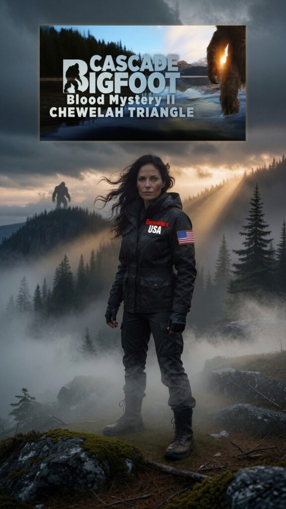 Sable Voss in a mountain forest with Bigfoot behind her; Chewelah Triangle movie poster at upper left with a soft glow.