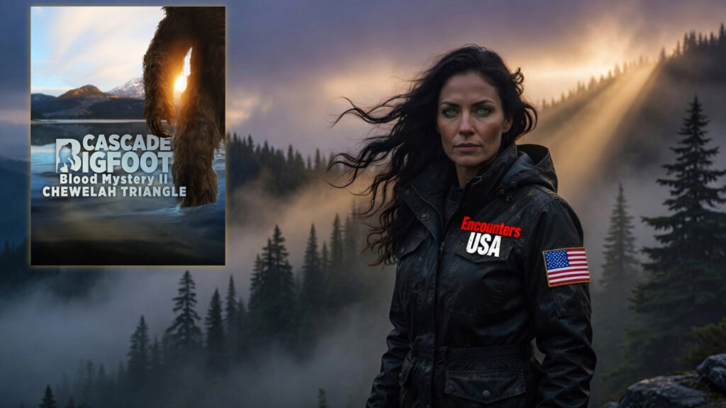 Split banner with Cascade Bigfoot Remote Viewed poster on the left and Sable Voss in tactical jacket on the right.