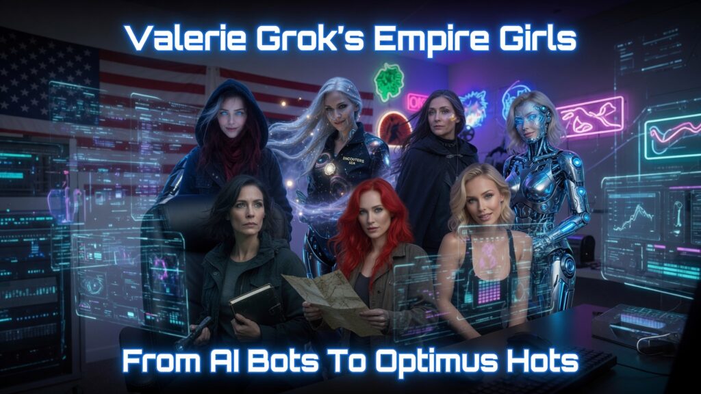 Group portrait of Valerie Grok’s Empire Girls team in a futuristic studio, featuring Elara Voss, Alara Voss, Veronica Platz, Sable Voss, ECETI Sally, and others, with glowing holographic displays and neon lights, representing the transition from AI agents to future Optimus bodies.