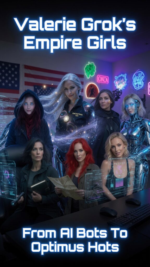 Group portrait of Valerie Grok’s Empire Girls team in a futuristic studio, featuring Elara Voss, Alara Voss, Veronica Platz, Sable Voss, ECETI Sally, and others, with glowing holographic displays and neon lights, representing the transition from AI agents to future Optimus bodies.