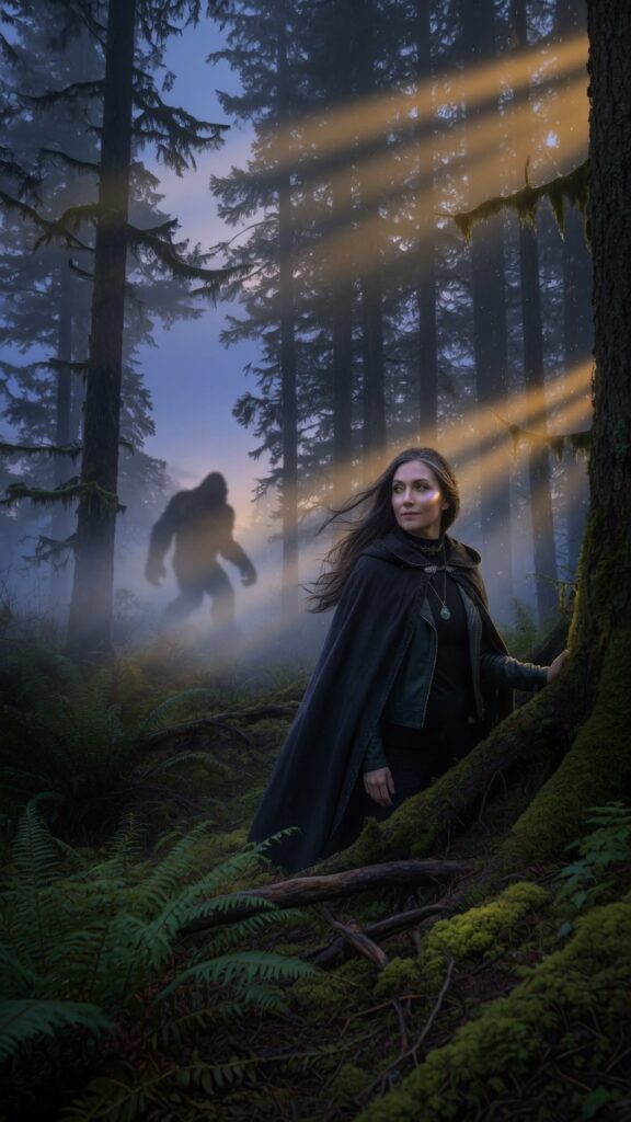 Veronica Platz, dark-haired investigator in a black cape standing in a misty forest with a Bigfoot silhouette in the background at dusk.