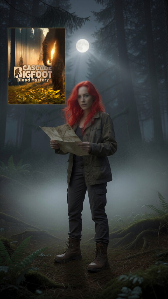 Vertical image of Veronica Platz holding glowing Bigfoot movie artwork in a foggy forest under a full moon.