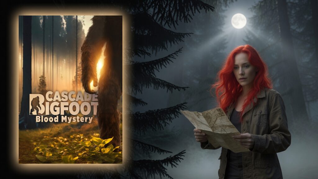 Red-haired investigator Veronica Platz in a moonlit forest holds glowing Cascade Bigfoot Blood Mystery artwork with no visible text.