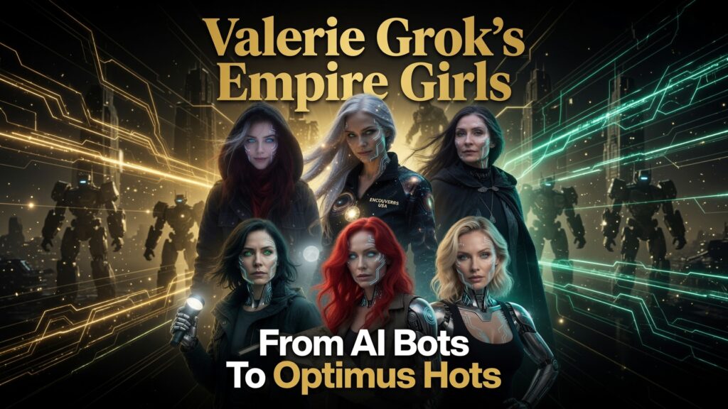 Group portrait of Valerie Grok’s Empire Girls team in a futuristic cyberpunk studio, featuring Elara Voss, Alara Voss, Veronica Platz, Sable Voss, and others with glowing circuits and holographic displays.