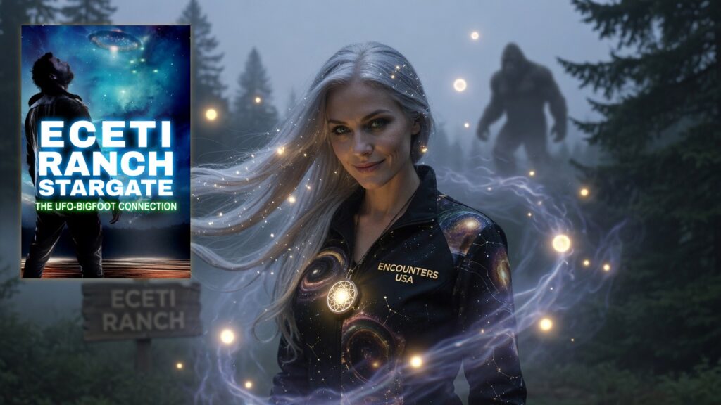 Sally with silver hair at ECETI Ranch in fog; ECETI Ranch Stargate UFO-Bigfoot Connection poster upper-left with soft golden glow; Bigfoot in mist behind