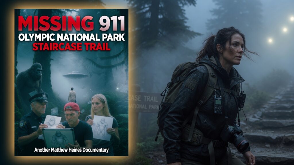 Valerie Kane with backpack and camera on a foggy forest staircase; Missing 911 Staircase Trail documentary poster on the left with soft golden glow.
