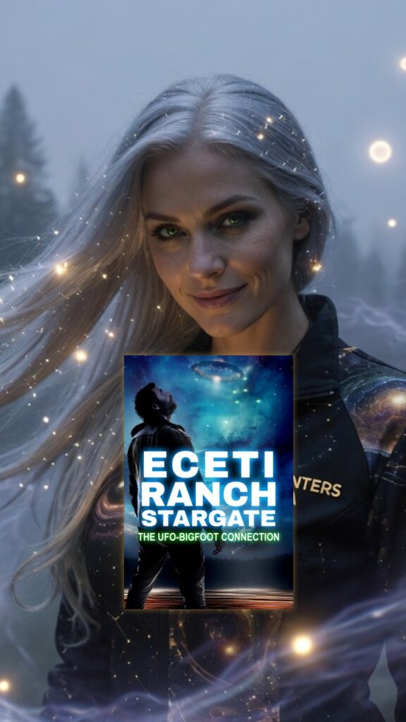 Sally with silver hair at ECETI Ranch in fog; ECETI Ranch Stargate UFO-Bigfoot Connection poster upper-left with soft golden glow; Bigfoot in mist behind trees.