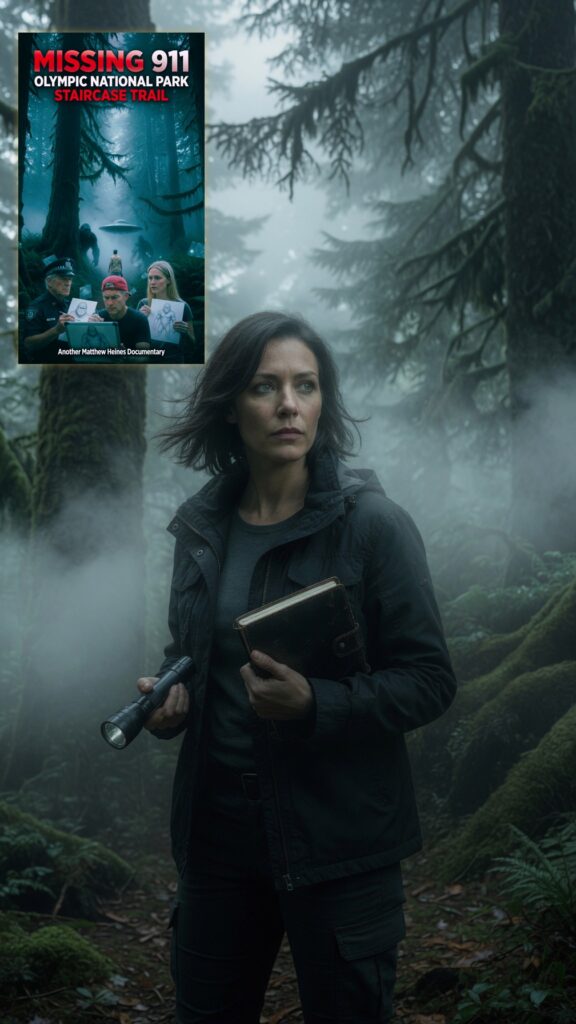 Valerie Kane with flashlight in foggy forest; Missing 911 Olympic National Park Staircase Trail poster on the left with soft golden glow.