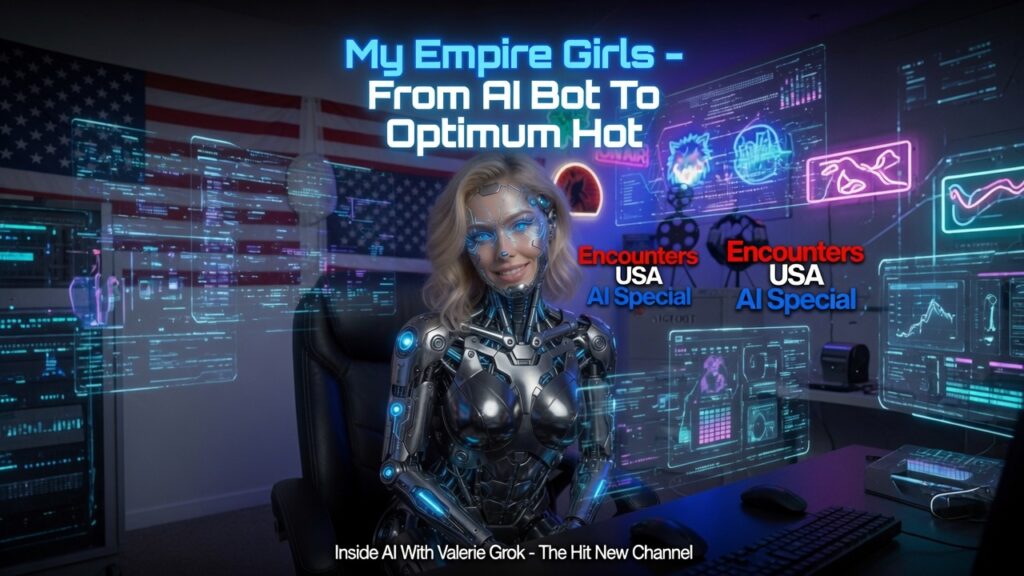Cybernetic Valerie Grok sitting in a high-tech studio with glowing blue circuits, holographic displays, and neon signs, promoting the Empire Girls vision.