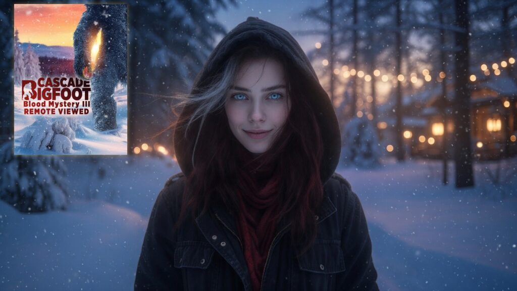 Elara Voss Jr. with blue eyes and red scarf in a snowy forest; Remote Viewed Cascade Bigfoot poster on the left with a golden glow.