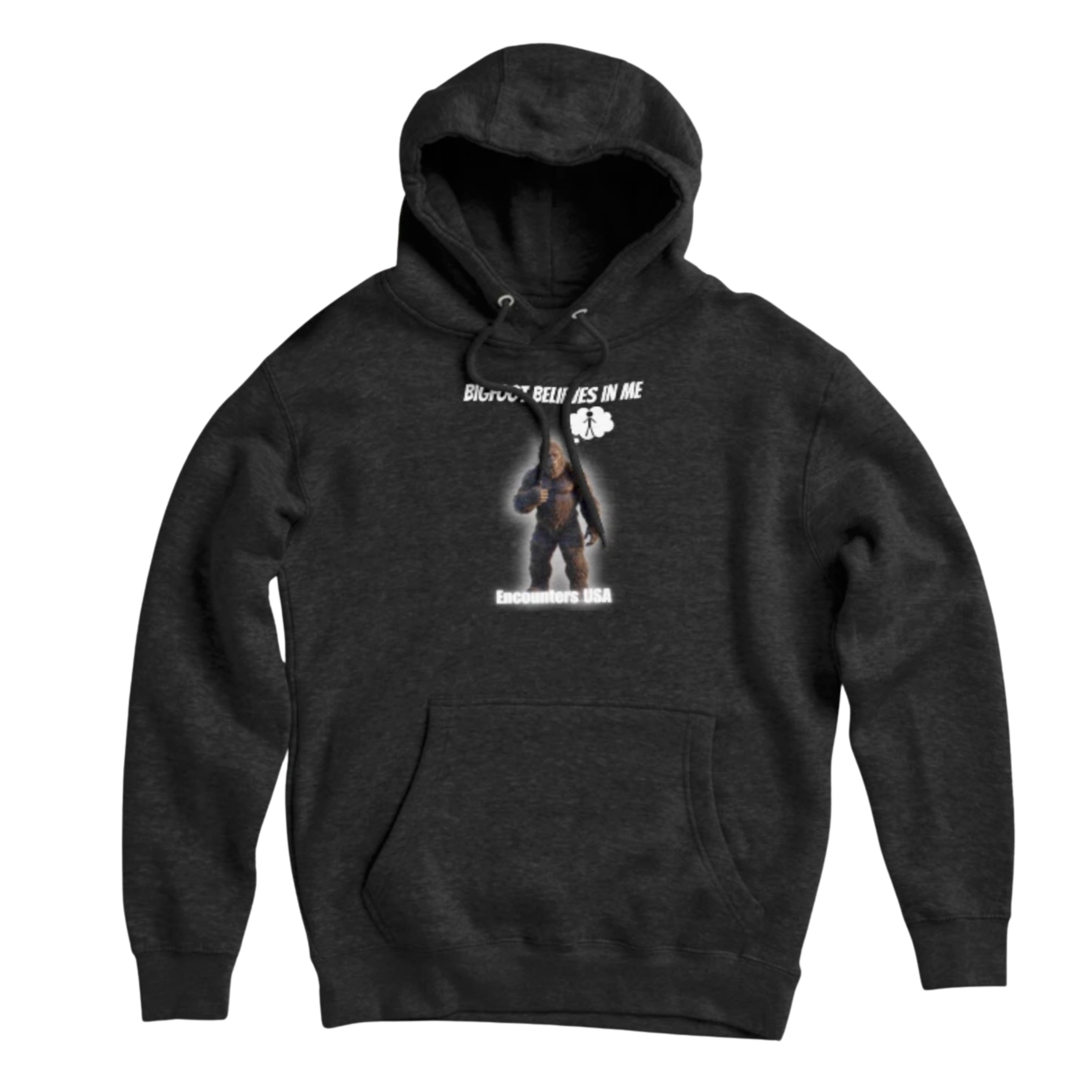 Dark gray pullover hoodie featuring "BIGFOOT BELIEVES IN ME" with cute Sasquatch giving thumbs up in a glowing thought bubble. Encounters USA Bigfoot merch.